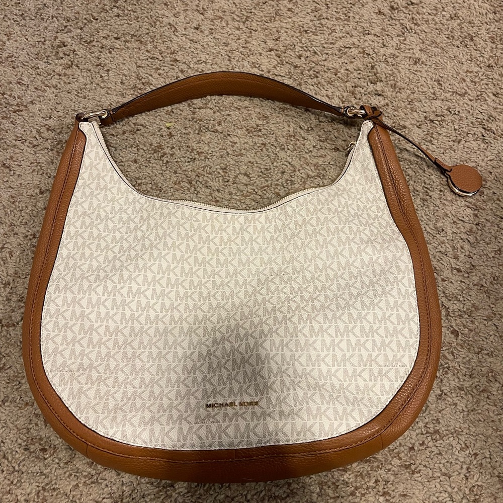 Gently Used Michael Kors Fulton White and Tan leather shoulder bag